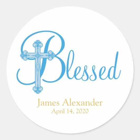 elegant DOOPSEL of BAPTISM blauw kruis Ronde Sticker (Voorkant)
