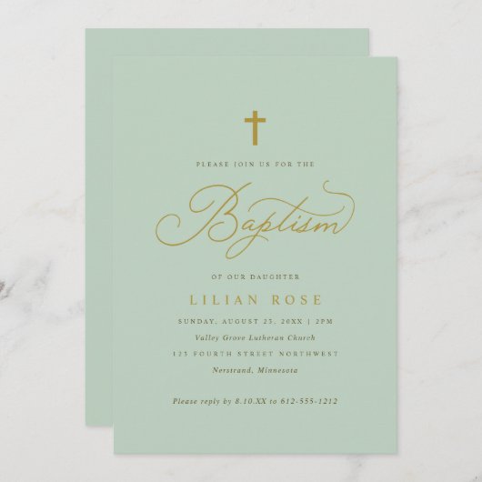 Elegant doopsel Sage Script Cross Kaart (Voorkant / Achterkant)