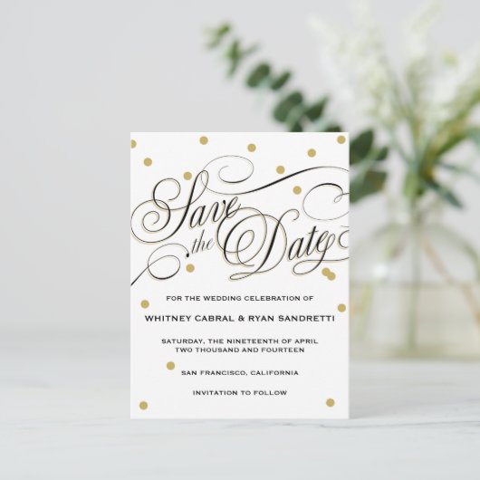 Elegant Dot Gold Save the Date Aankondigingskaart (Staand voorkant)