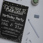 Elegant Double Celebration Birthday Party Kaart<br><div class="desc">Elegant verjaardagsfeest uitnodiging voor een dubbele viering,  met snaarsproeinlichten,  zilveren glitter en witte doopvont sjabloon op een zwarte achtergrond die in om het even welke kleur kan worden veranderd.</div>