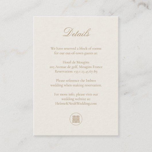 Elegant Double Happiness Champagne Wedding Detail Informatiekaartje (Voorkant)