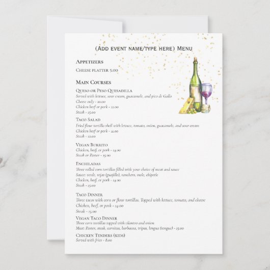 Elegant Double Sided MENU Sjabloon Wijnkaas Kaart (Voorkant)