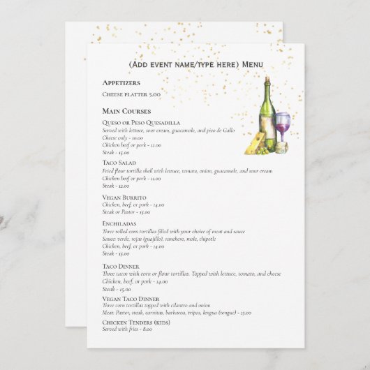 Elegant Double Sided MENU Sjabloon Wijnkaas Kaart (Voorkant / Achterkant)