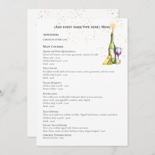 Elegant Double Sided MENU Sjabloon Wijnkaas Kaart (Voorkant / Achterkant)