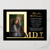 Elegant Dr. MD Caduceus Foto Afstuderen Black Folie Uitnodiging (Voorkant)
