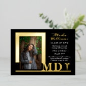 Elegant Dr. MD Caduceus Foto Afstuderen Black Folie Uitnodiging (Staand Voorkant)