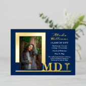 Elegant Dr. MD Caduceus Foto Afstuderen Blue Folie Uitnodiging (Staand Voorkant)