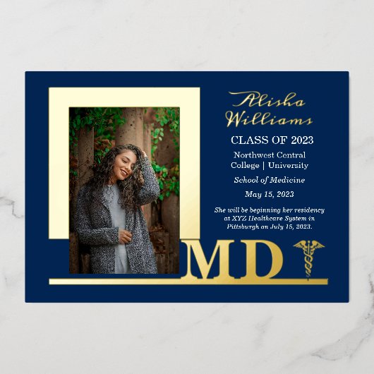 Elegant Dr. MD Caduceus Foto Afstuderen Blue Folie Uitnodiging (Voorkant)