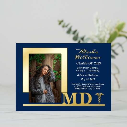 Elegant Dr. MD Caduceus Foto Afstuderen Blue Folie Uitnodiging (Staand Voorkant)