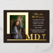 Elegant Dr. MD Caduceus Foto Afstuderen Brown Folie Uitnodiging (Voorkant)