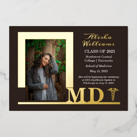 Elegant Dr. MD Caduceus Foto Afstuderen Brown Folie Uitnodiging (Voorkant)