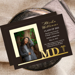 Elegant Dr. MD Caduceus Foto Afstuderen Brown Folie Uitnodiging