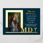 Elegant Dr. MD Caduceus Foto Afstuderen Dk Blauwgr Folie Uitnodiging (Voorkant)