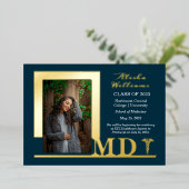 Elegant Dr. MD Caduceus Foto Afstuderen Dk Blauwgr Folie Uitnodiging (Staand Voorkant)