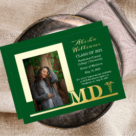 Elegant Dr. MD Caduceus Foto Afstuderen Green Folie Uitnodiging