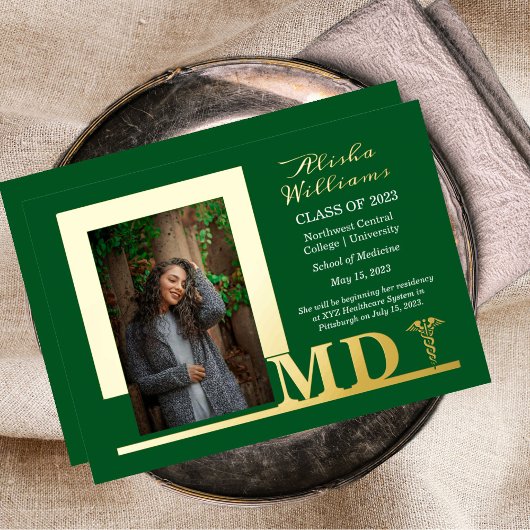 Elegant Dr. MD Caduceus Foto Afstuderen Green Folie Uitnodiging