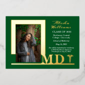 Elegant Dr. MD Caduceus Foto Afstuderen Green Folie Uitnodiging (Voorkant)