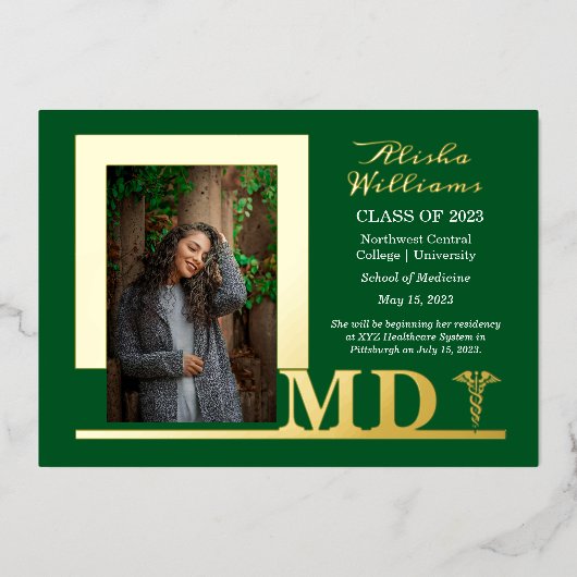 Elegant Dr. MD Caduceus Foto Afstuderen Green Folie Uitnodiging (Voorkant)