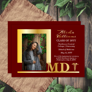 Elegant Dr. MD Caduceus Foto Afstuderen Maroon Folie Uitnodiging