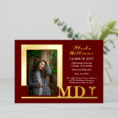 Elegant Dr. MD Caduceus Foto Afstuderen Maroon Folie Uitnodiging (Staand Voorkant)