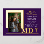Elegant Dr. MD Caduceus Foto Afstuderen Paars Folie Uitnodiging (Voorkant)