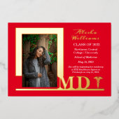 Elegant Dr. MD Caduceus Foto Afstuderen Red Folie Uitnodiging (Voorkant)