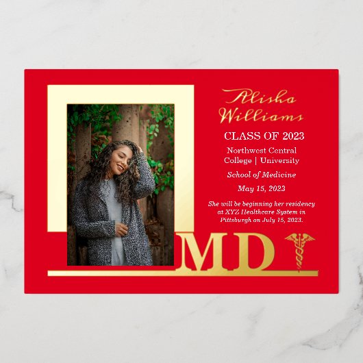 Elegant Dr. MD Caduceus Foto Afstuderen Red Folie Uitnodiging (Voorkant)