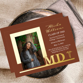 Elegant Dr. MD Caduceus Foto Afstuderen Terracotta Folie Uitnodiging