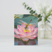 Elegant Dragonfly Pink Lotus Art Nouveau Frame Briefkaart (Staand voorkant)