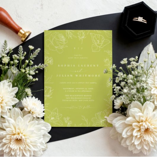 Elegant Drawn Floral Citrus Green Garden Wedding Kaart