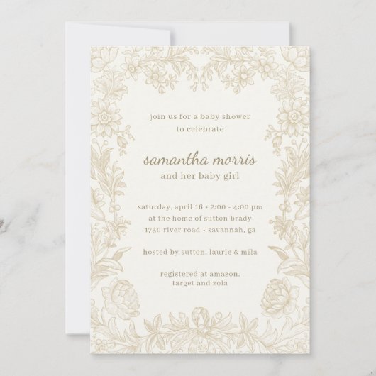 Elegant Drawn Floral Ivory Baby shower Kaart (Voorkant)