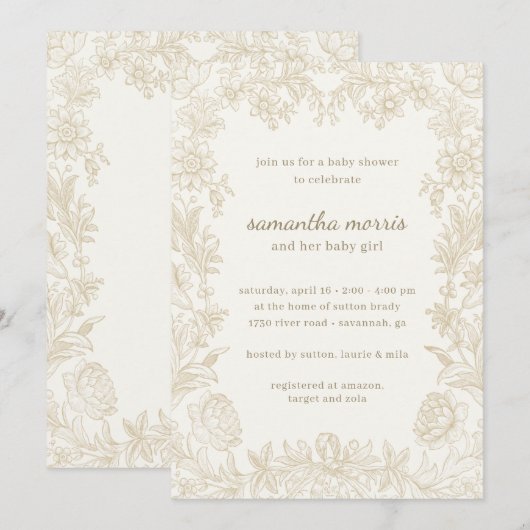 Elegant Drawn Floral Ivory Baby shower Kaart (Voorkant / Achterkant)