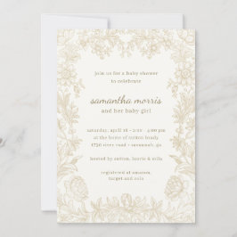 Elegant Drawn Floral Ivory Baby shower Kaart