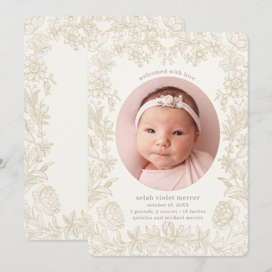 Elegant Drawn Floral Ivory Birth Aankondiging (Voorkant / Achterkant)