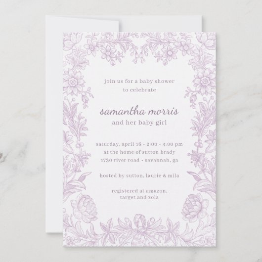 Elegant Drawn Floral Lavender Baby shower Kaart (Voorkant)