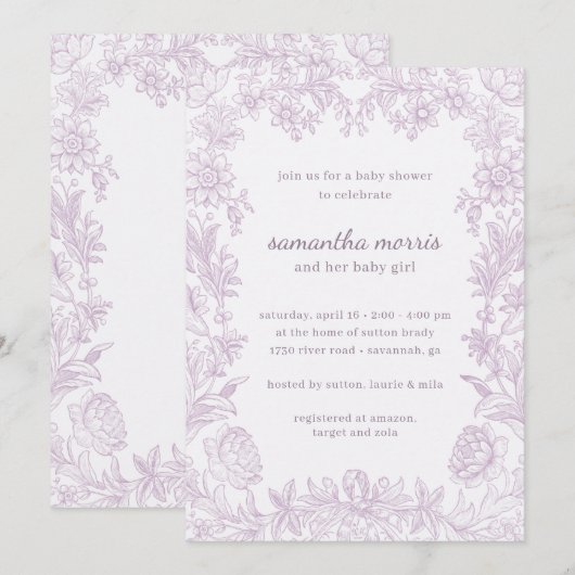 Elegant Drawn Floral Lavender Baby shower Kaart (Voorkant / Achterkant)