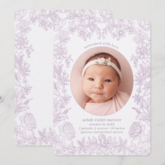 Elegant Drawn Floral Lavender Birth Aankondiging (Voorkant / Achterkant)