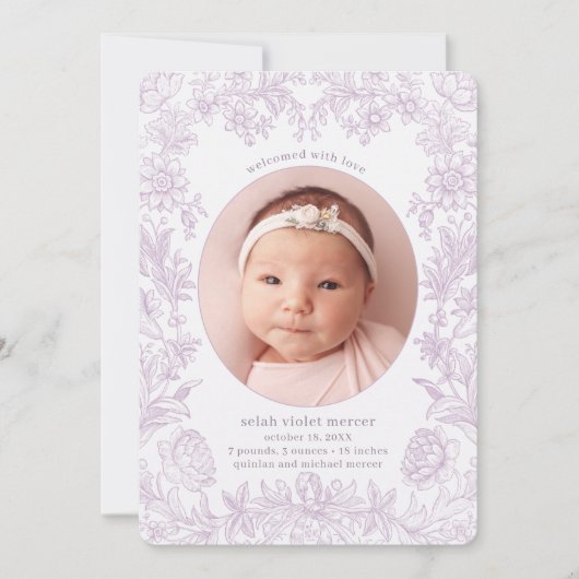 Elegant Drawn Floral Lavender Birth Aankondiging (Voorkant)