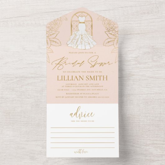 Elegant Dress Blush and Gold Vrijgezellenfeest All In One Uitnodiging (Binnen)