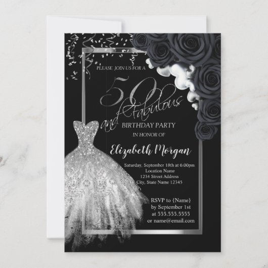 Elegant Dress, Confetti Black Rozen 50th Birthday Kaart (Voorkant)