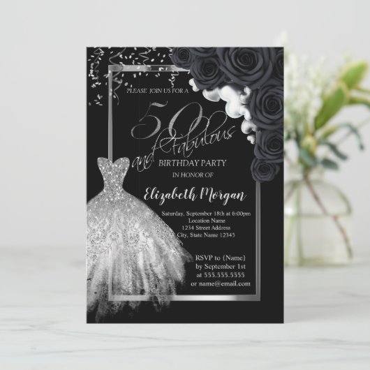 Elegant Dress, Confetti Black Rozen 50th Birthday Kaart (Staand voorkant)