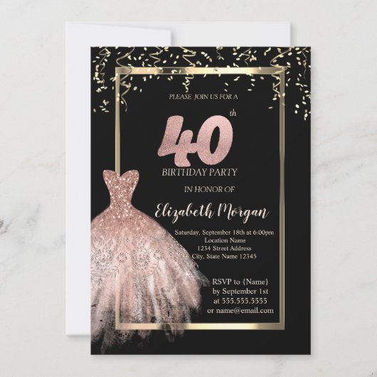 Elegant Dress, Confetti Roos Gold 40th Birthday Kaart (Voorkant)