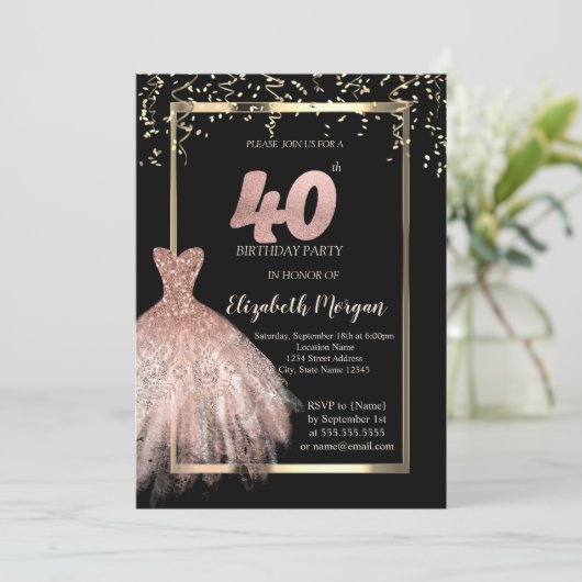 Elegant Dress, Confetti Roos Gold 40th Birthday Kaart (Staand voorkant)