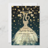 Elegant Dress Gold Stars Glitter Sweet 16 Party Kaart (Voorkant)