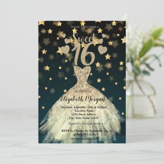 Elegant Dress Gold Stars Glitter Sweet 16 Party Kaart (Staand voorkant)