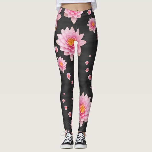Elegant drijvende roze Lotus Flowers Leggings (Voorkant)