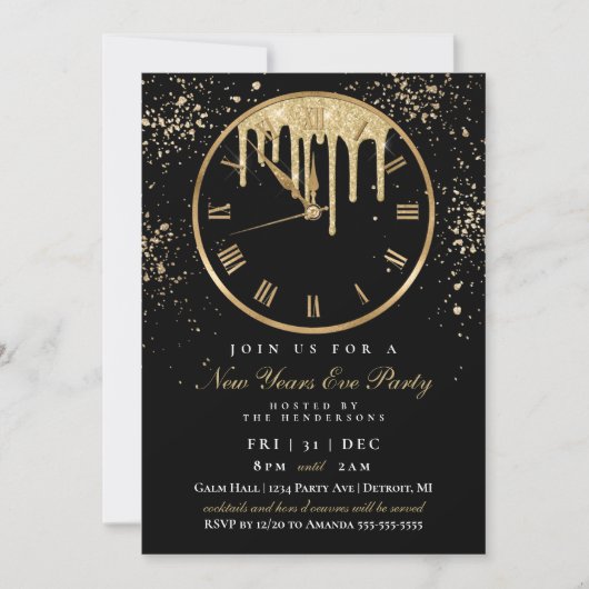 Elegant Dripping Clock New Years Eve Party Invitat Kaart (Voorkant)