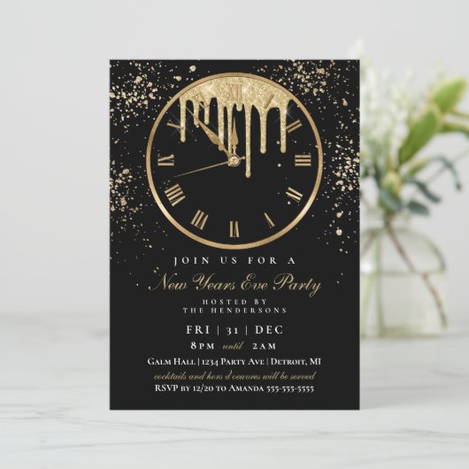 Elegant Dripping Clock New Years Eve Party Invitat Kaart (Staand voorkant)