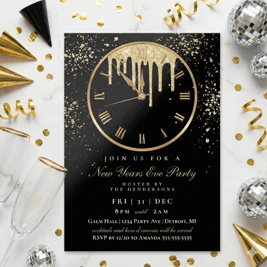 Elegant Dripping Clock New Years Eve Party Invitat Kaart