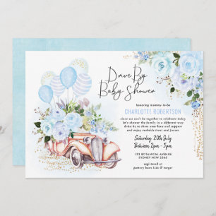 Elegant drive by Baby shower Blue Gold Floral Boy Kaart